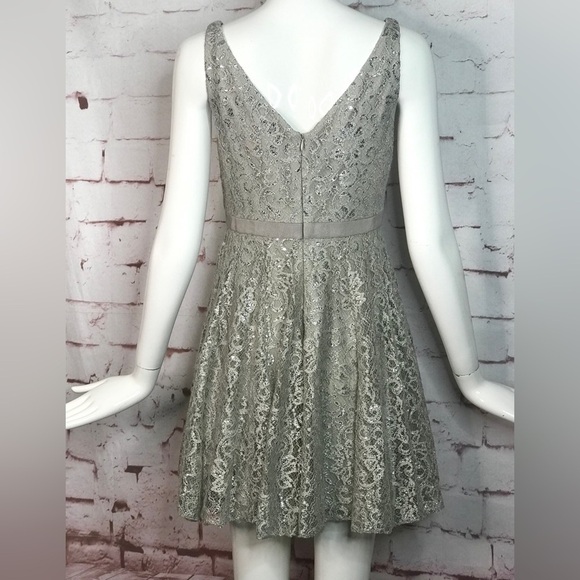 ADRIANNA PAPELL Silver Lace Overlay Fit & Flare Minidress Size 4 PETITE - Picture 8 of 16